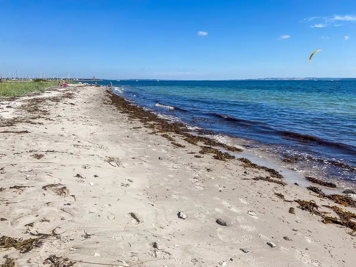 Udsigt over strand og vand mod Mols ved Åkrogen Strandpark