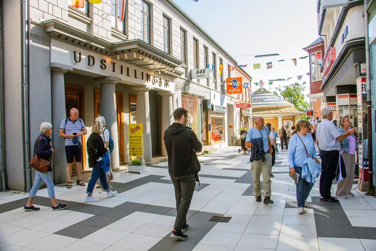 Butiksgade med udstillinger og besøgende i Den Gamle By 1974.