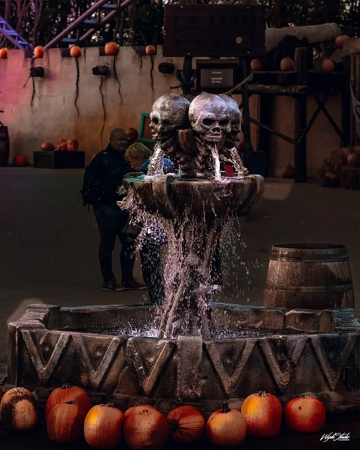 Fontæne med kranier og græskar ved forlystelsesområdet i Djurs Sommerland Halloween After Dark