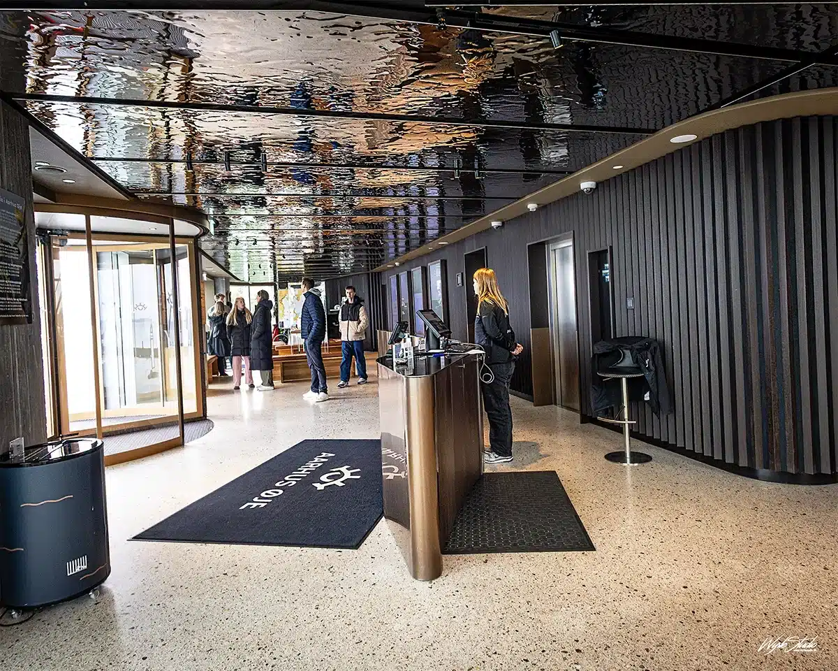 Indgangsområdet til Aarhus Øje i Lighthouse med personale ved skranke og besøgende