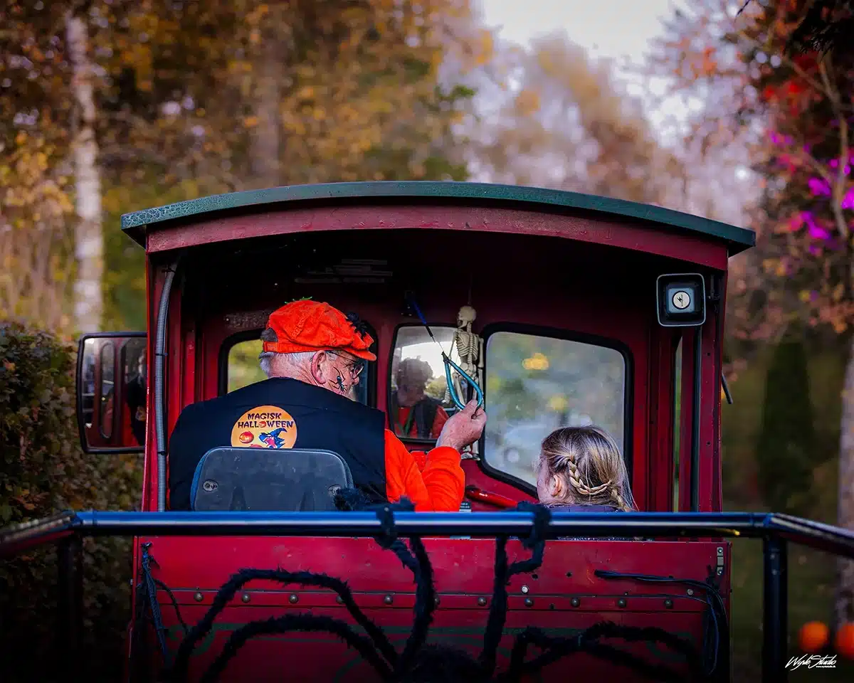 Togtur med passagerer gennem parken til Djurs Sommerland Halloween After Dark
