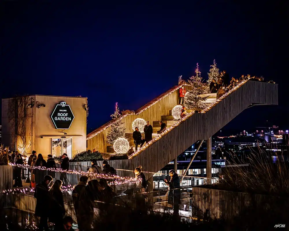 Trappen i Salling Christmas Garden pyntet med juletræer og store lysende kugler mens gæster går op og ned