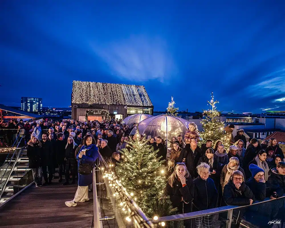 Udsigt over trappen op til Salling Christmas Garden med store lysende julekugler, juletræer og gæster på flere niveauer.