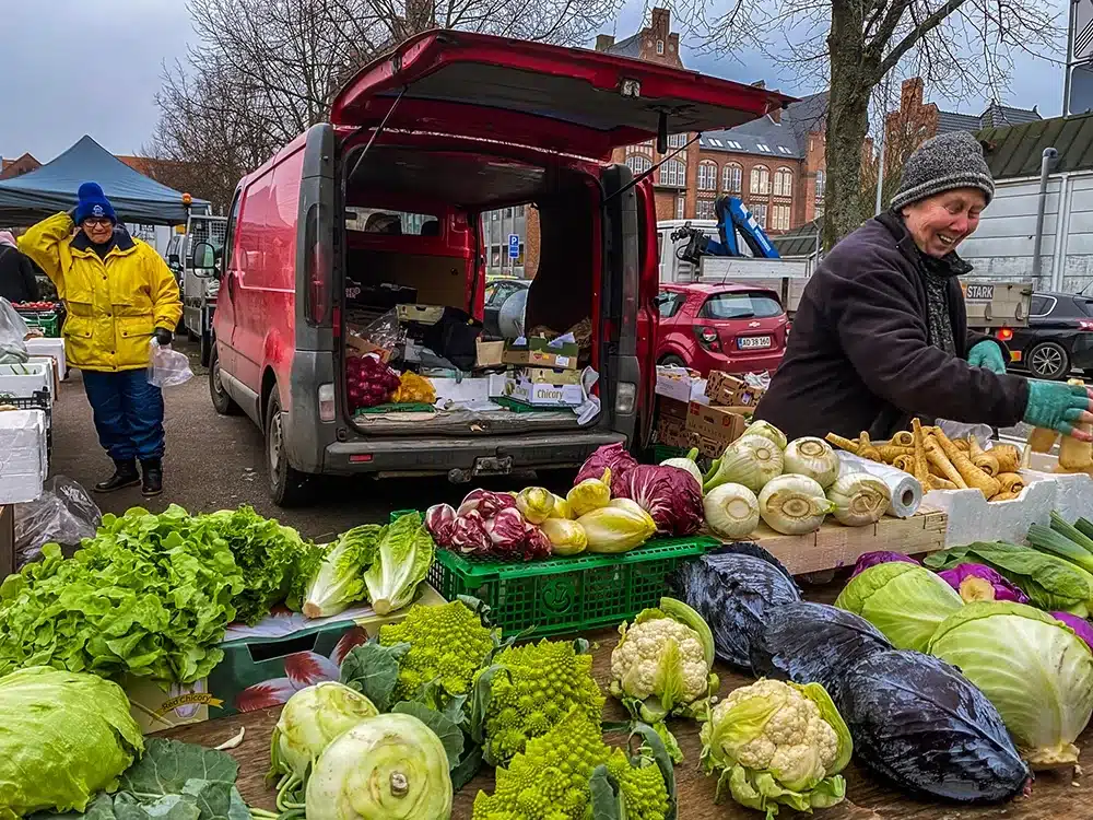 Grøntsagsbod med friske kål på Ingerslev Boulevard marked