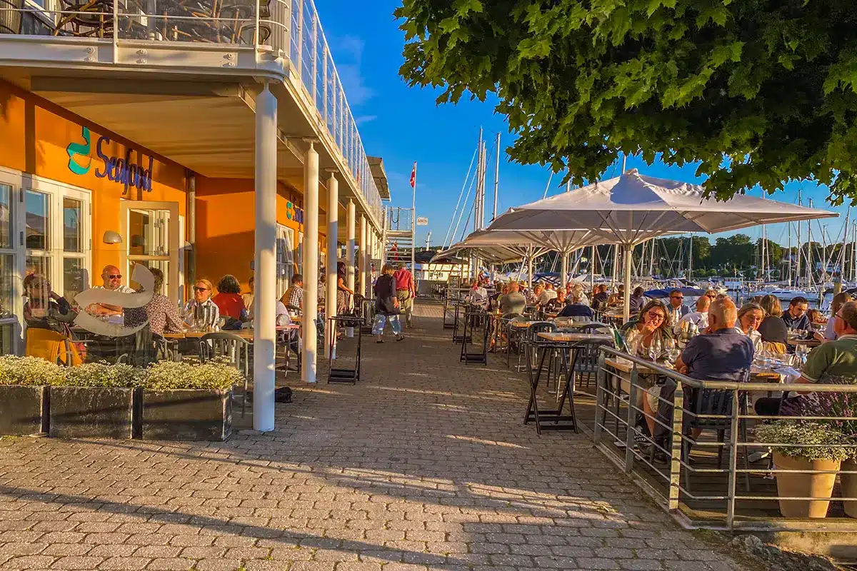 Fyldte terrasser og caféstemning ved Marselisborg havn