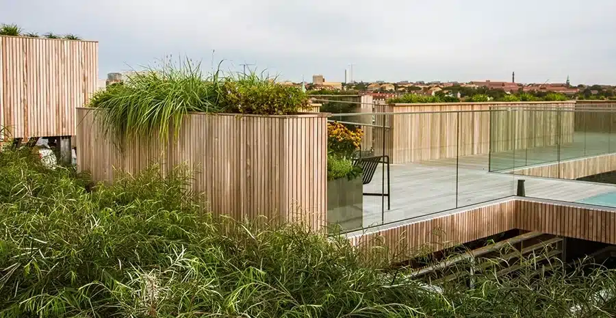Grønne planter og glasværn langs kanten af Salling Rooftop