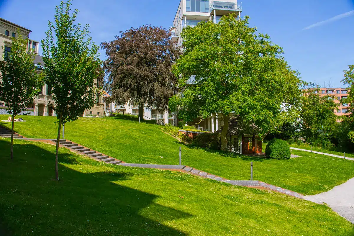 Trappe og grønne skråninger mellem bygninger i Ceres Parken