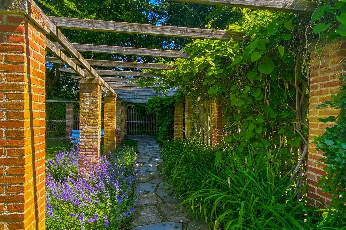 En hyggelig hvid bænk under en frodig pergola i Mindeparken
