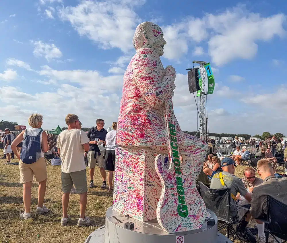 Statue af Jacob Haugaard fyldt med hilsner fra publikum til Grøn 2026