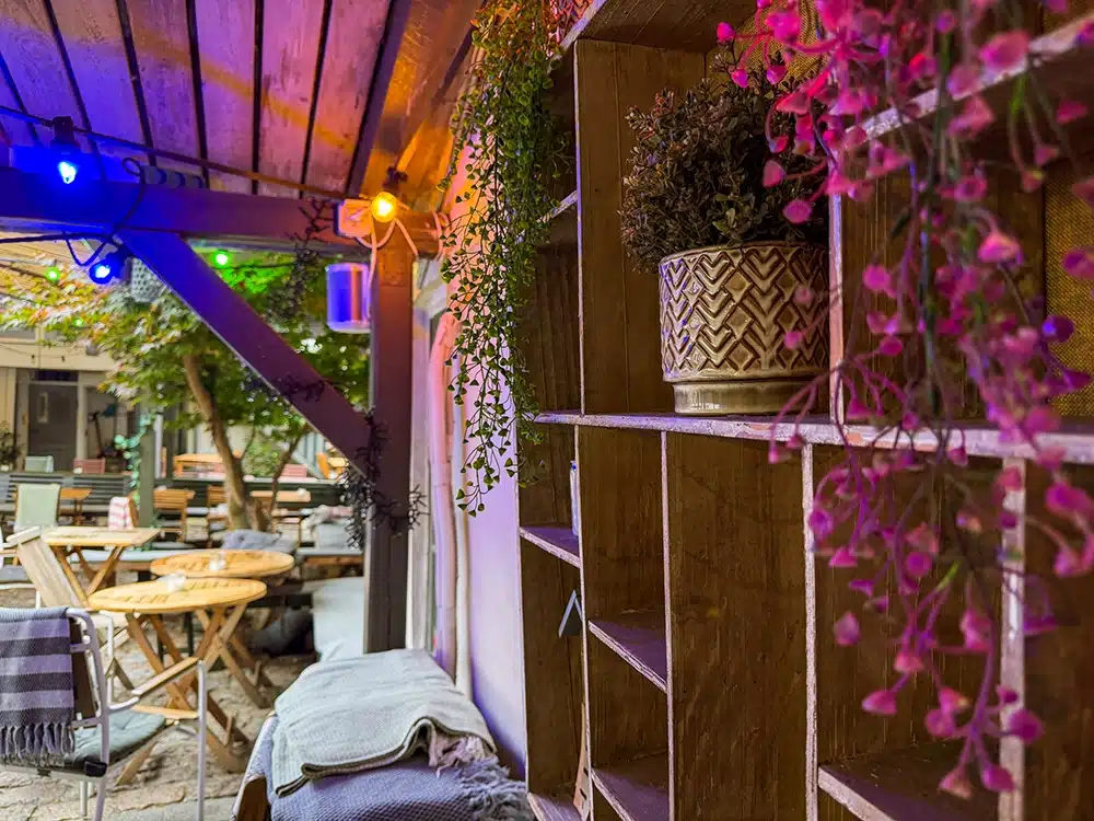 Farverige lamper og planter i gårdhaven ved GårdCafeen i Latinerkvarteret